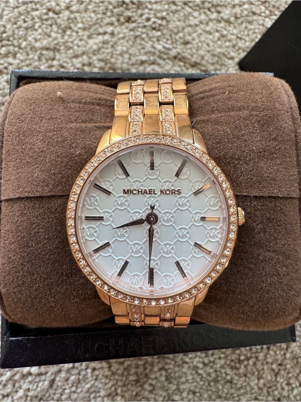 Michael Kors Rose Gold Crystal Bezel Women's Watch with White Logo Dial